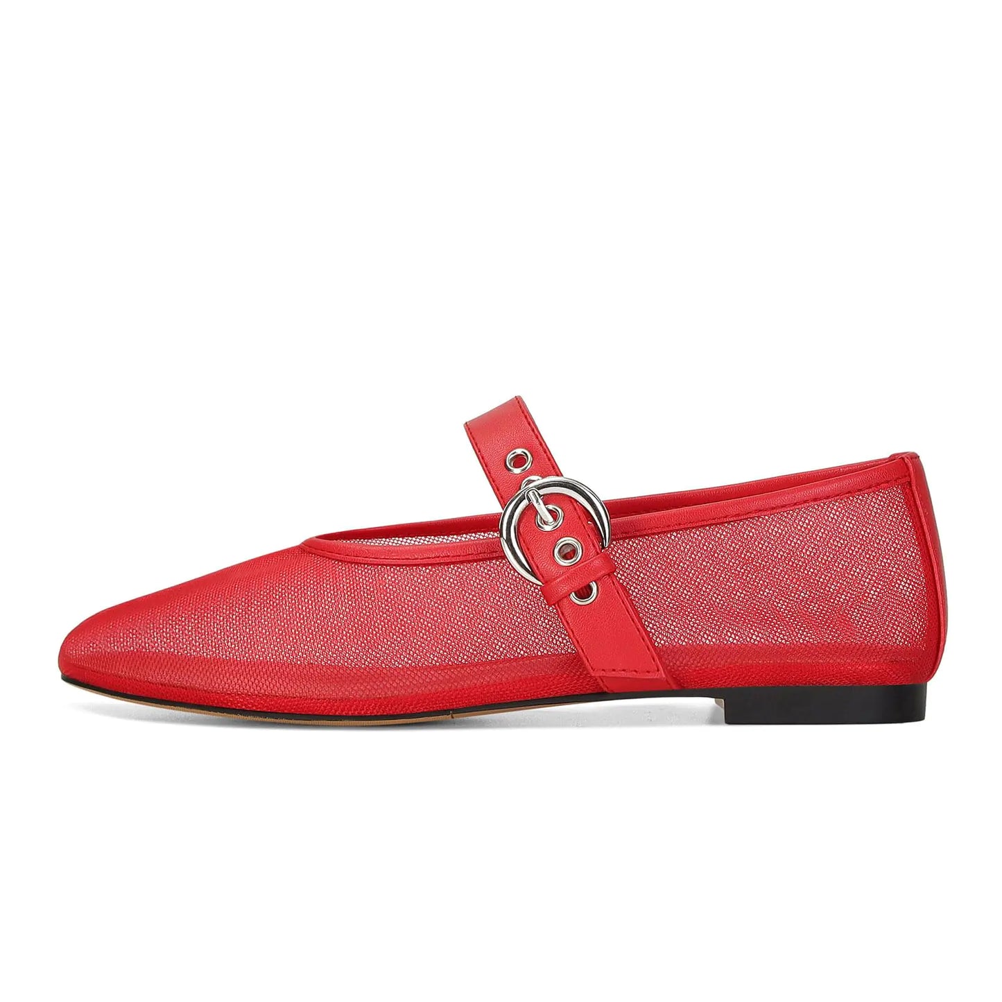 MICIFA Red Mesh Ballet Flats for Women Mary Jane Buckle Flats Round Toe Slip on Ballerina Flat Shoes Fall Comfortable Casual Dress