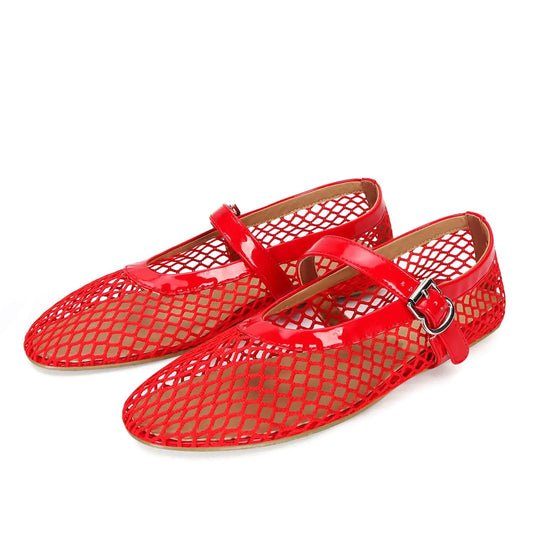 DOEYG Mesh Ballet Flats for Women Round Toe Mesh Flats Ballet Shoes Buckle Strap Mesh Mary Jane Flats Comfy Casual Office Summer Fishnet Ballerina Flats Shoes Red