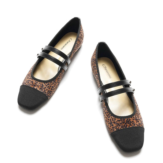 C.Paravano Mary Jane Shoes for Women | Womens Square Toe Flats | Print Ballet Flats for Wedding | Mary Jane Flats (Size 9Leopard-C)
