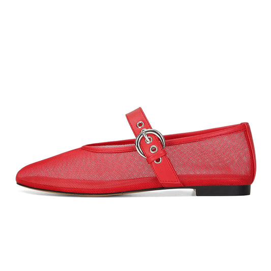 MICIFA Red Mesh Ballet Flats for Women Mary Jane Buckle Flats Round Toe Slip on Ballerina Flat Shoes Fall Comfortable Casual Dress
