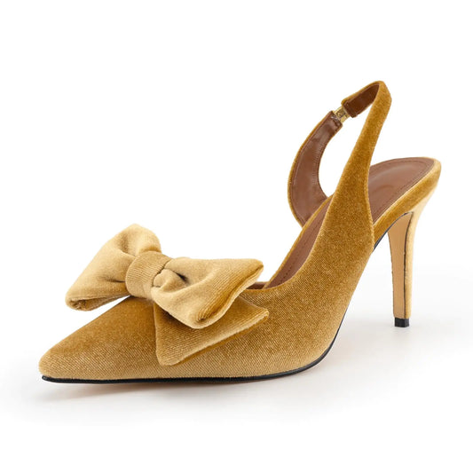 DREAMCIA Bow Slingback Kitten Heels Pumps Pointed Closed Toe Stiletto Heeled Sandals Bowknot Dress Wedding Party Shoes Mustard Yellow 6.5