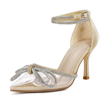 Coutgo Womens Clear Heels Closed Toe Pointed Rhinestone Heels Wedding Bridal Dress Shoes Ankle Strap Mid Heel Stiletto Pumps Shoes Gold