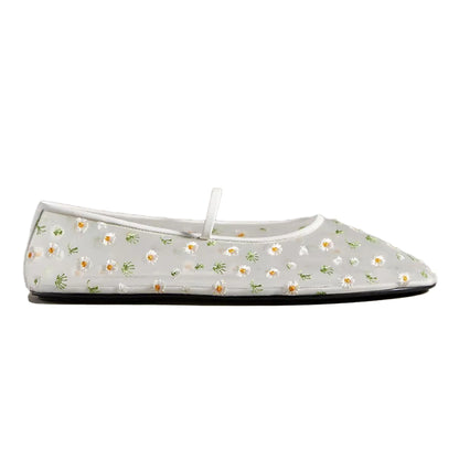 Nude Mesh Ballet Flats for Women Embroidered Floral Round Toe Mary Jane Flats Casual Comfortable Ballerina Flats with Strap