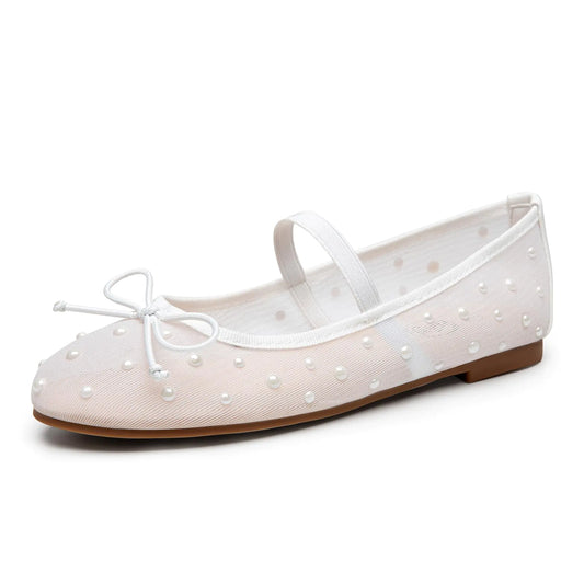 Trary Mesh Ballet Flats for Women Pearl Ballet Flats Shoes for Women Bow Mary Jane Shoes Women Rhinestone White Flats for Women Comfy Dress Shoes for Women Wide Mary Janes Flats Mesh Flats