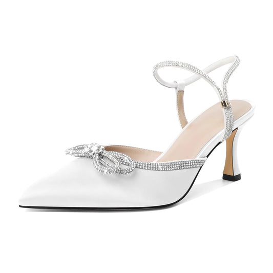 Eldof Womens Bow Heels Closed Pointed Toe Slingback Rhinestone Heels Sparkly Ankle Strap Stiletto High Heels Dress Wedding Bridal Pumps Shoes 3 Inches Satin White US Size 11.5
