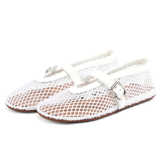 ZIXSAA Mesh Ballet Flats for Women Buckle Strap Ballerina Flats Comfy Casual Ballerina Fishnet Mary Jane Flats Daily Dress White