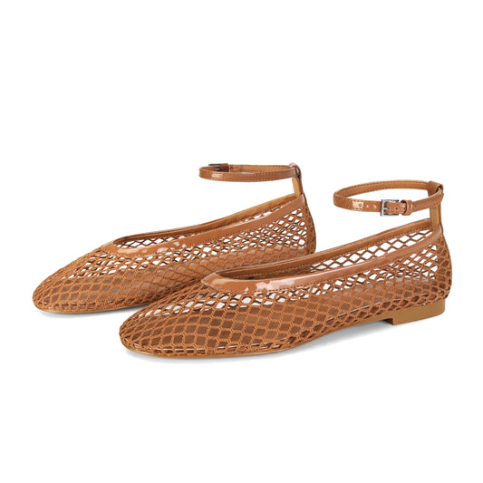 Wnshonzy Mesh Ballet Flats for Women Round Toe Fishnet Ballerina Flat Shoes Buckle Strap Women’s Mesh Mary Jane Flats Comfy Casual Office Womens Summer Apricot