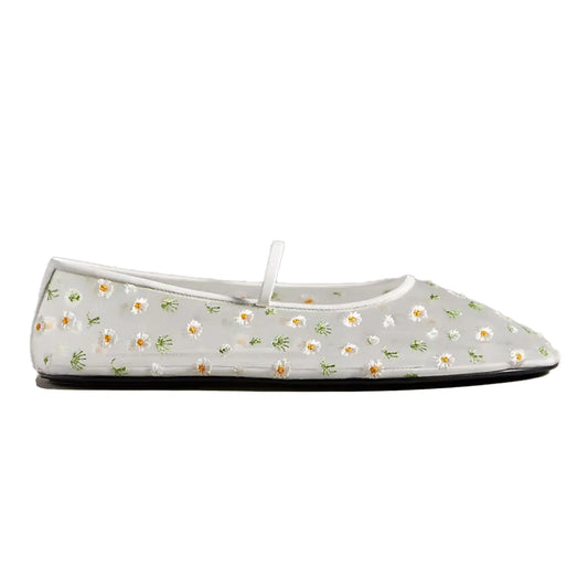 Nude Mesh Ballet Flats for Women Embroidered Floral Round Toe Mary Jane Flats Casual Comfortable Ballerina Flats with Strap