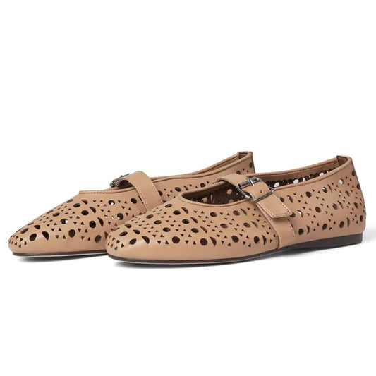 AMINUGAL Cutout Ballet Flats Shoes for Women Hollow Mary Jane Flats Women Buckle Strap Mesh Perforated Cutout Ballerina Flat Shoes Slip On Round Toe Casual Dress Shoes Black Flats Size 9.5