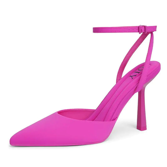 QIY Hot Pink Heels for Women Closed Toe Rose Red Kitten Heels Heeled Sandals Slingback Ankle Strap High Heels Pumps Strappy Heels Pointed Toe Bridal Wedding Shoes Size 8.5