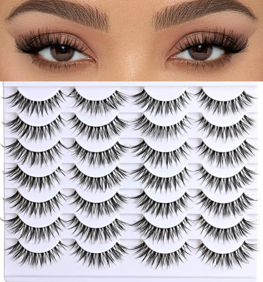 APCYUST Lashes Natural False Eyelashes Cat Eye Lashes 14 Pairs Clear Band Fake Eyelash Natural Lash Strips Fluffy Eye Lashes Pack Short Mink Strip Lashes Natural Look Wispies Cateye Lashes for Women